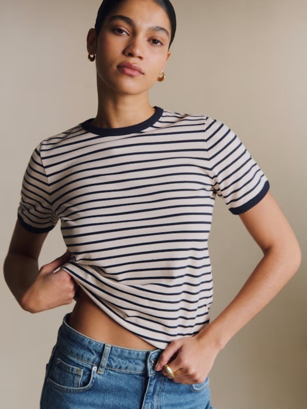 Sezane Nolan Striped Short-Sleeve Ringer Tee in Cream and navy